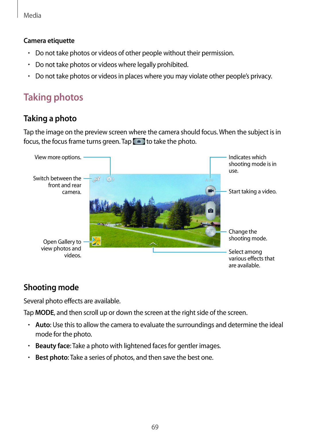 Samsung GT-I9192ZWZCAC, GT-I9192DKYTUN, GT-I9192ZPAMRT manual Taking photos, Taking a photo, Shooting mode, Camera etiquette 