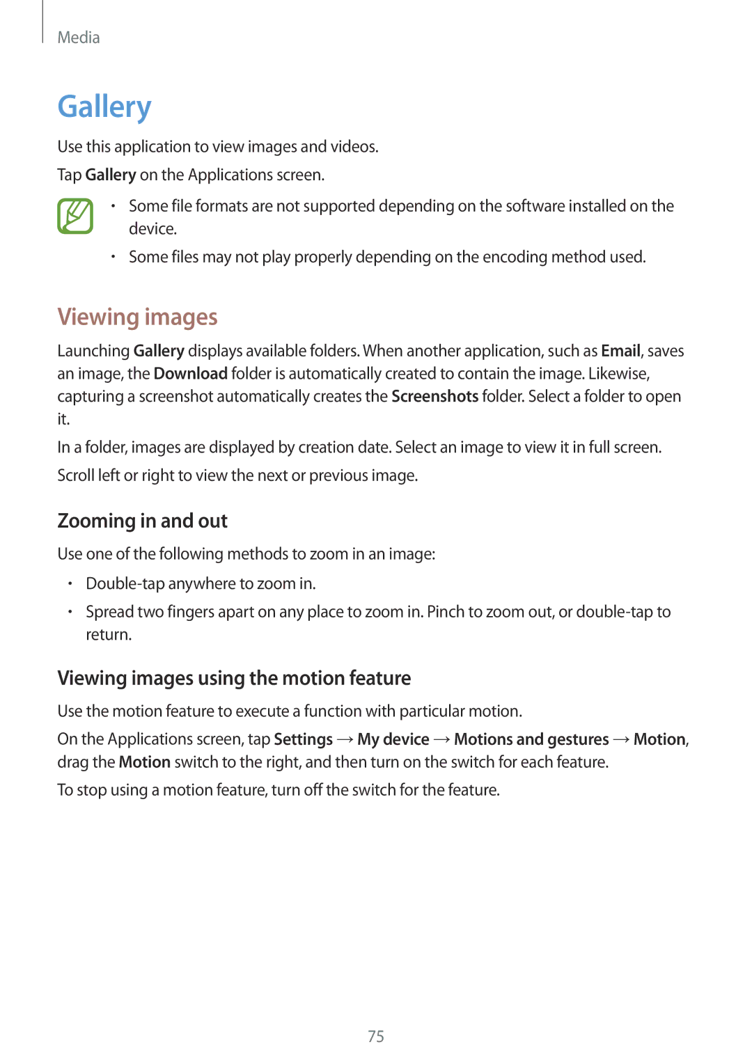 Samsung GT-I9192ZYATHR, GT-I9192DKYTUN manual Gallery, Zooming in and out, Viewing images using the motion feature 