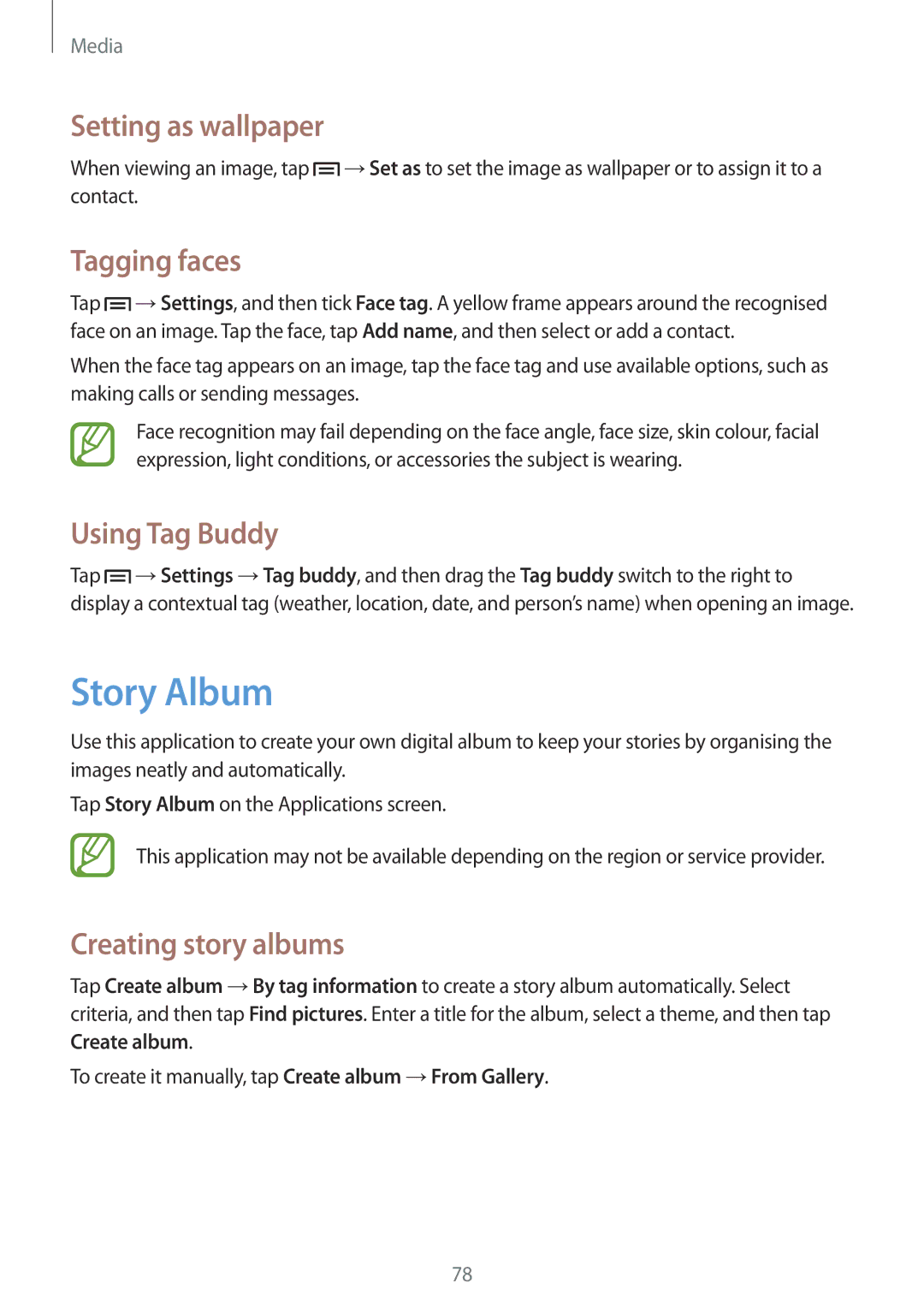 Samsung GT-I9192ZPATHR manual Story Album, Setting as wallpaper, Tagging faces, Using Tag Buddy, Creating story albums 