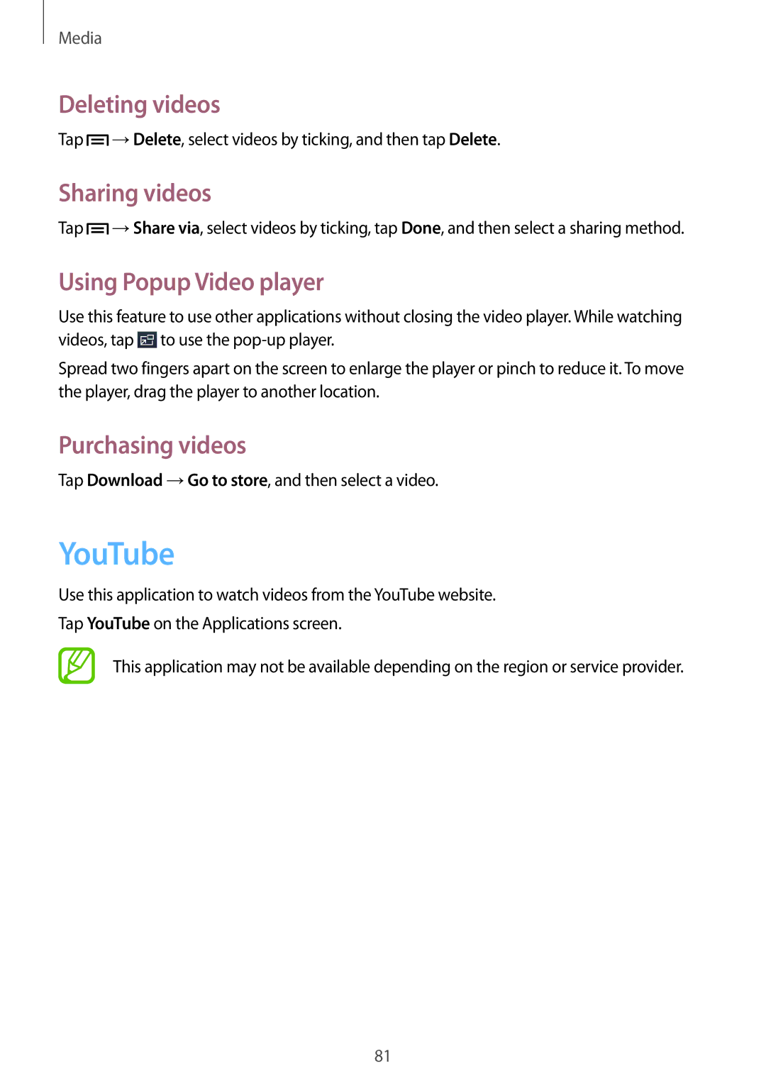 Samsung GT-I9192ZNASER manual YouTube, Deleting videos, Sharing videos, Using Popup Video player, Purchasing videos 