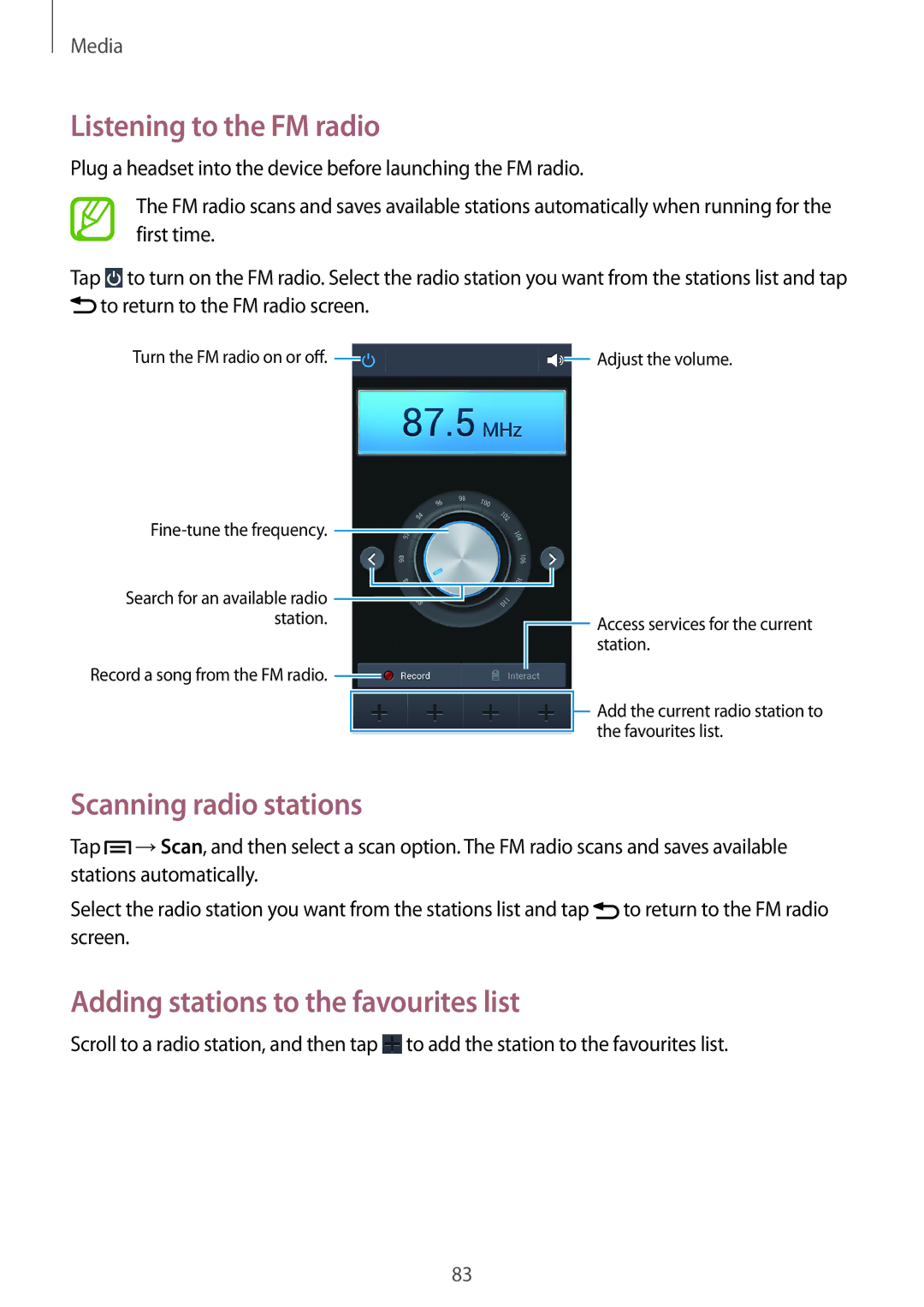 Samsung GT-I9192ZWASER manual Listening to the FM radio, Scanning radio stations, Adding stations to the favourites list 