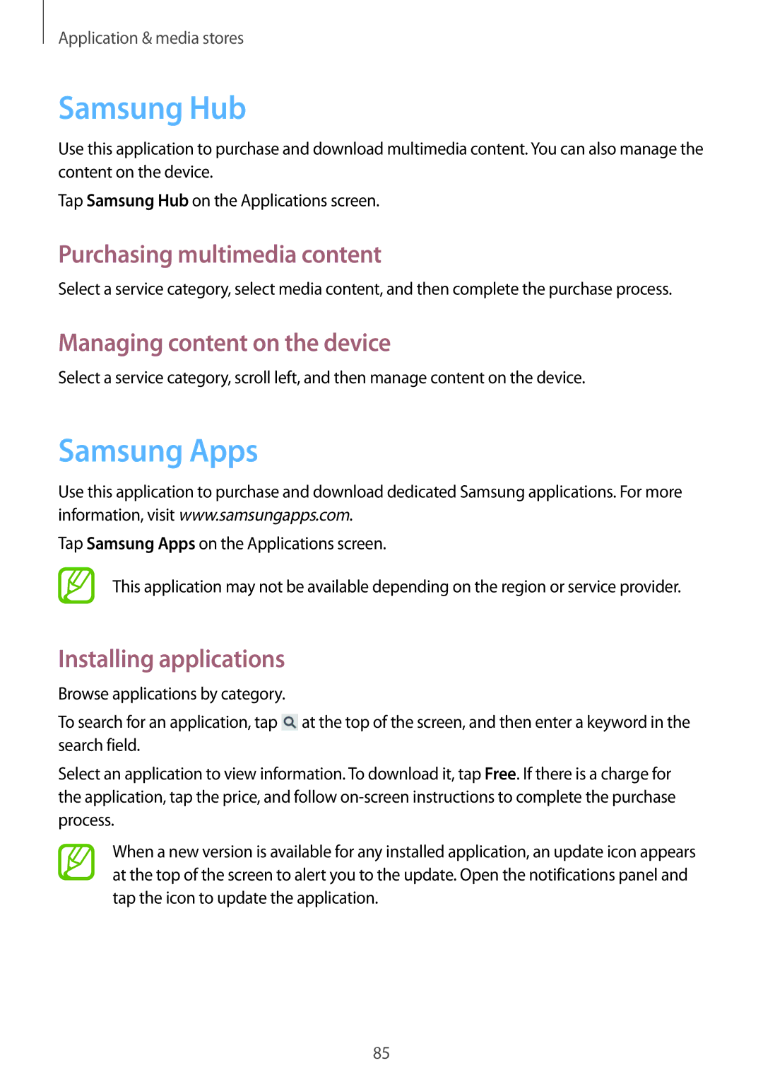 Samsung GT-I9192ZRASER manual Samsung Hub, Samsung Apps, Purchasing multimedia content, Managing content on the device 