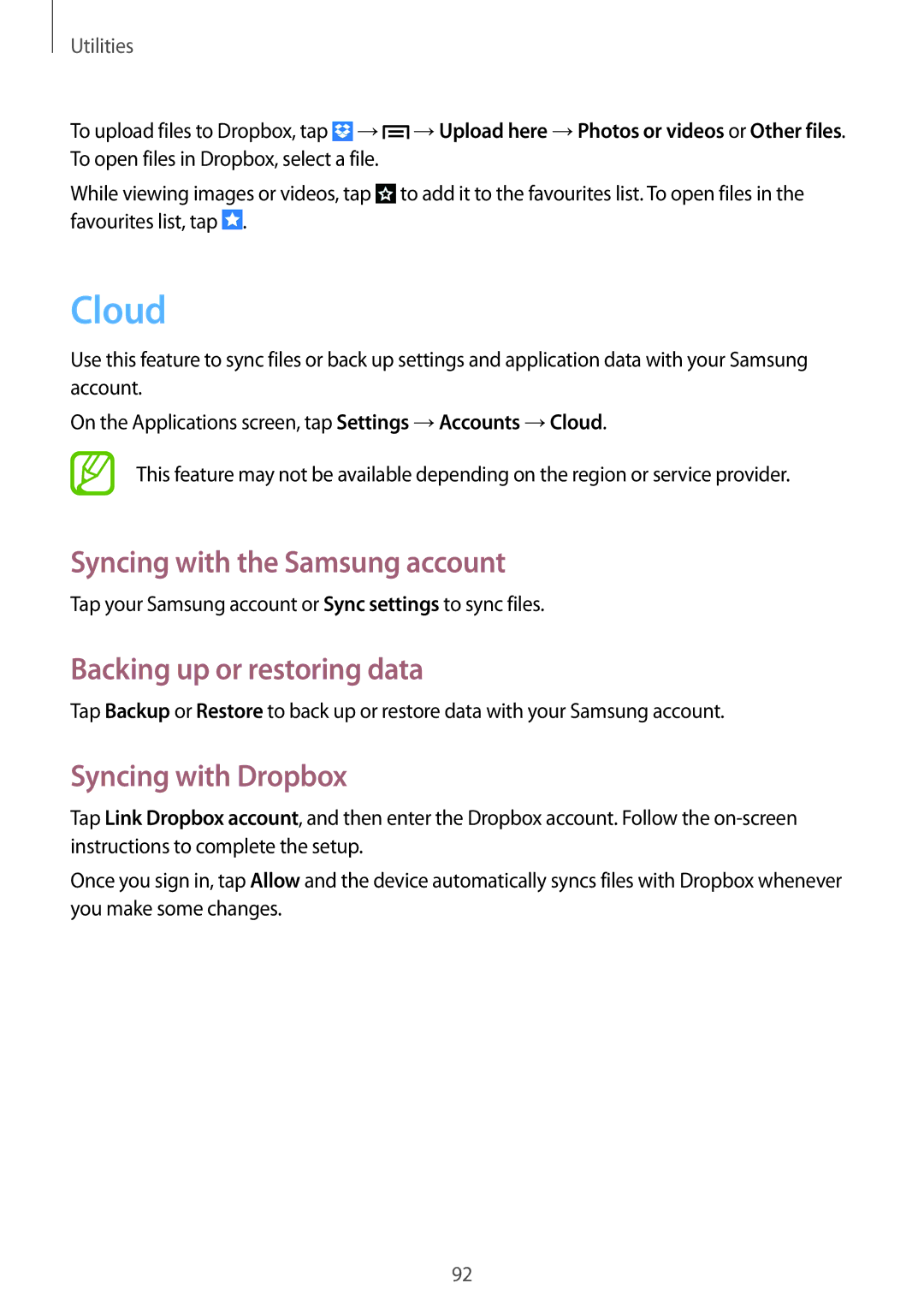 Samsung GT-I9192DKYTUN manual Cloud, Syncing with the Samsung account, Backing up or restoring data, Syncing with Dropbox 