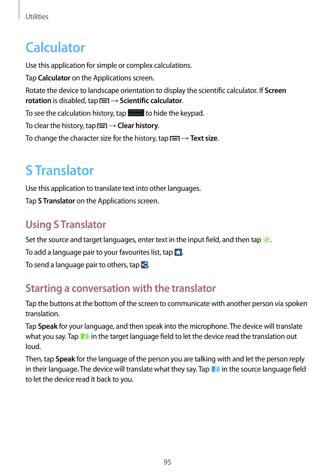 Samsung GT-I9192ZOAAFR, GT-I9192DKYTUN Calculator, Using S Translator, Starting a conversation with the translator 