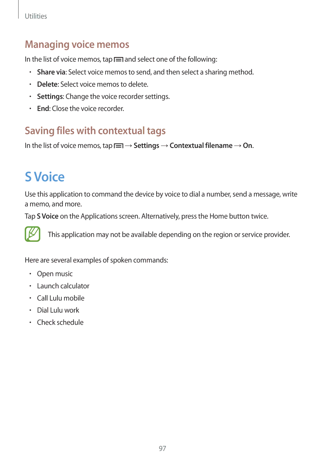 Samsung GT-I9192ZBAXFE, GT-I9192DKYTUN, GT-I9192ZPAMRT manual Voice, Managing voice memos, Saving files with contextual tags 