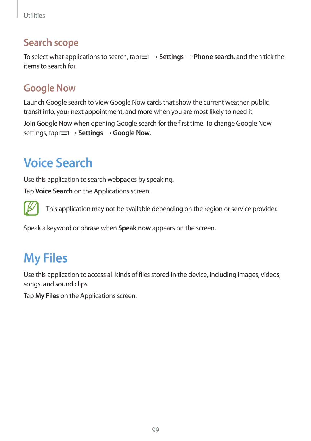 Samsung GT-I9192ZKABTC, GT-I9192DKYTUN, GT-I9192ZPAMRT, GT-I9192ZNAAFR manual Voice Search, My Files, Search scope, Google Now 