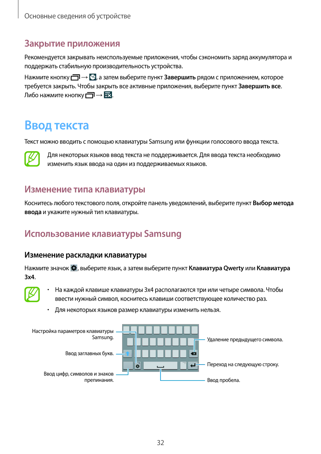 Samsung GT-I9192DKISER manual Ввод текста, Закрытие приложения, Изменение типа клавиатуры, Использование клавиатуры Samsung 