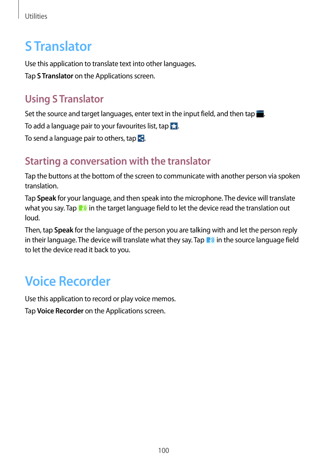 Samsung GT-I9195 user manual Voice Recorder, Using S Translator, Starting a conversation with the translator 