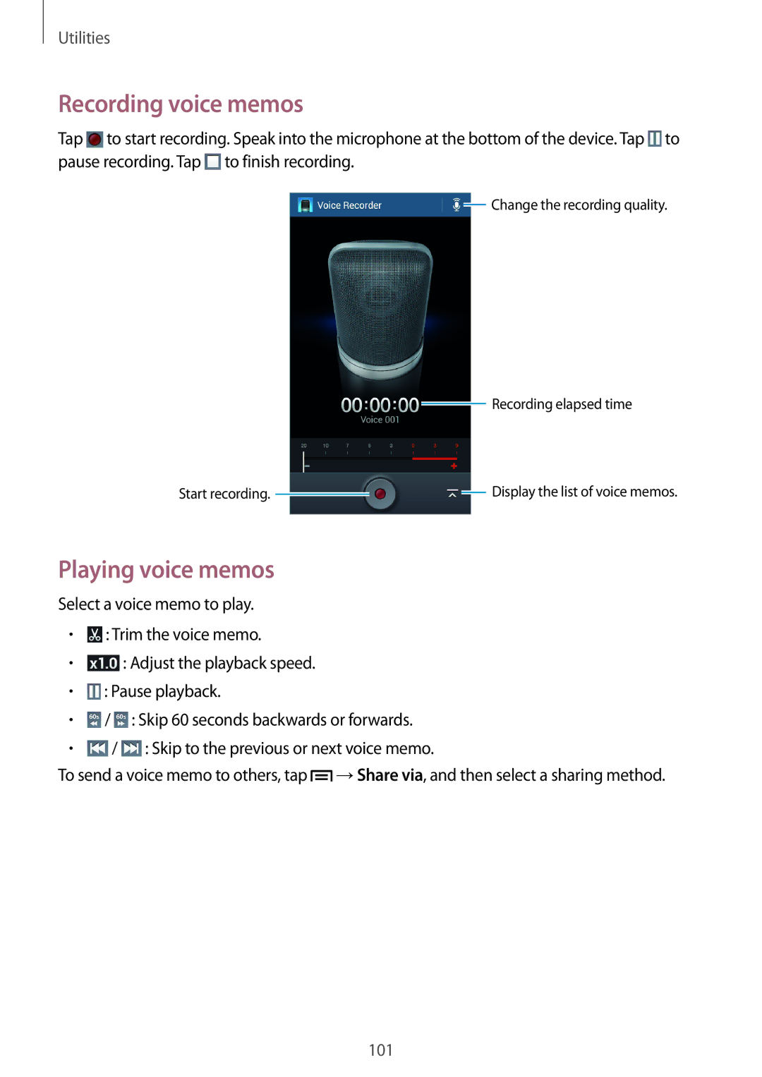 Samsung GT-I9195 user manual Recording voice memos, Playing voice memos 