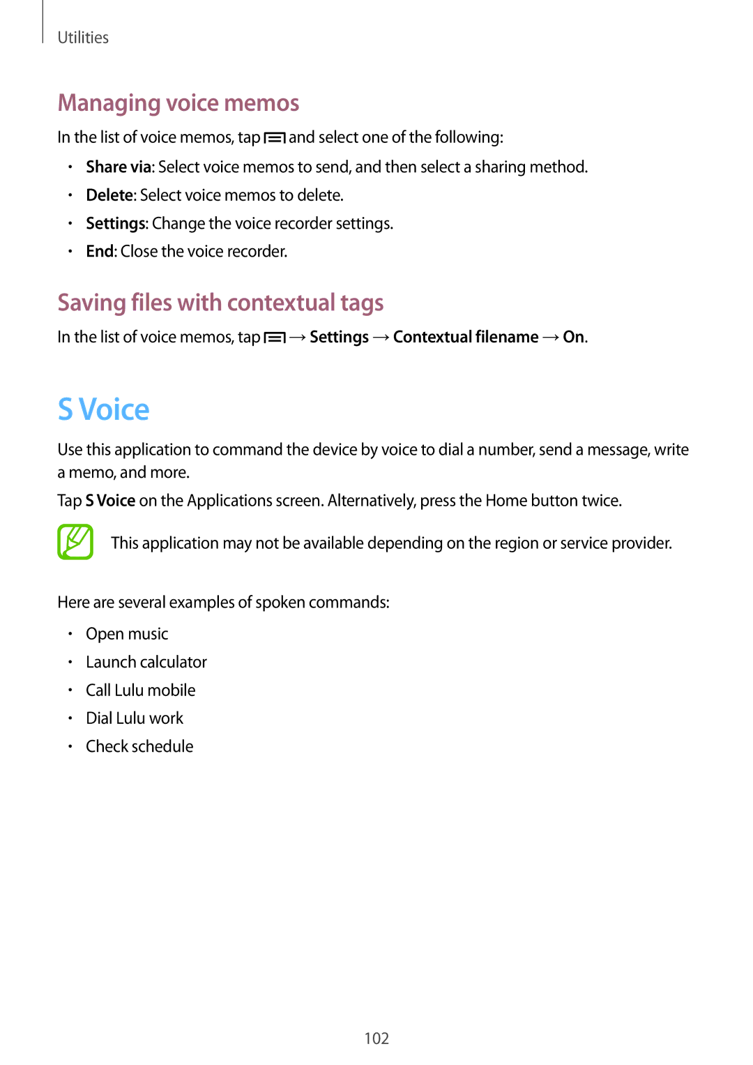 Samsung GT-I9195 user manual Voice, Managing voice memos, Saving files with contextual tags 