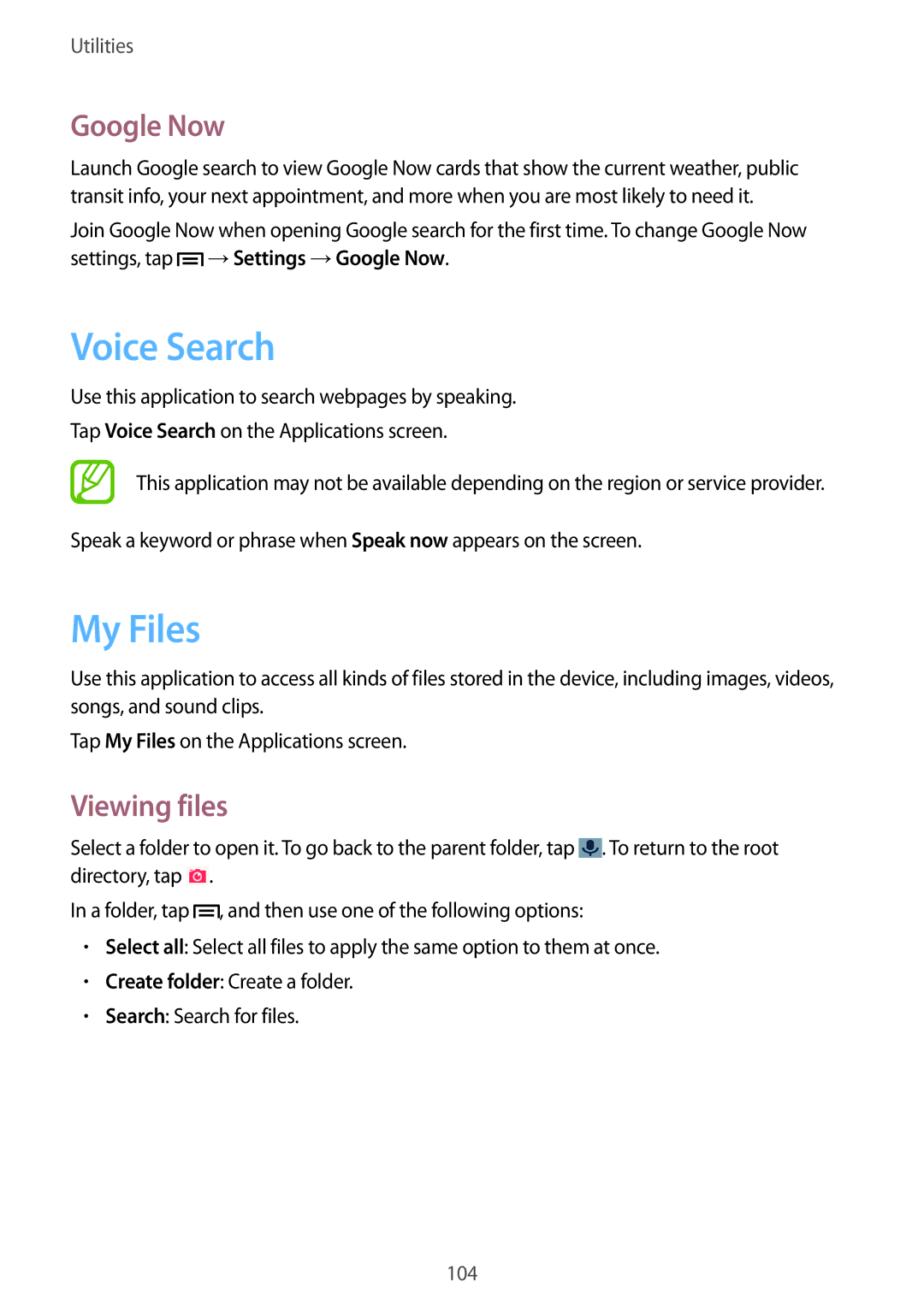 Samsung GT-I9195 user manual Voice Search, My Files, Google Now, Viewing files 