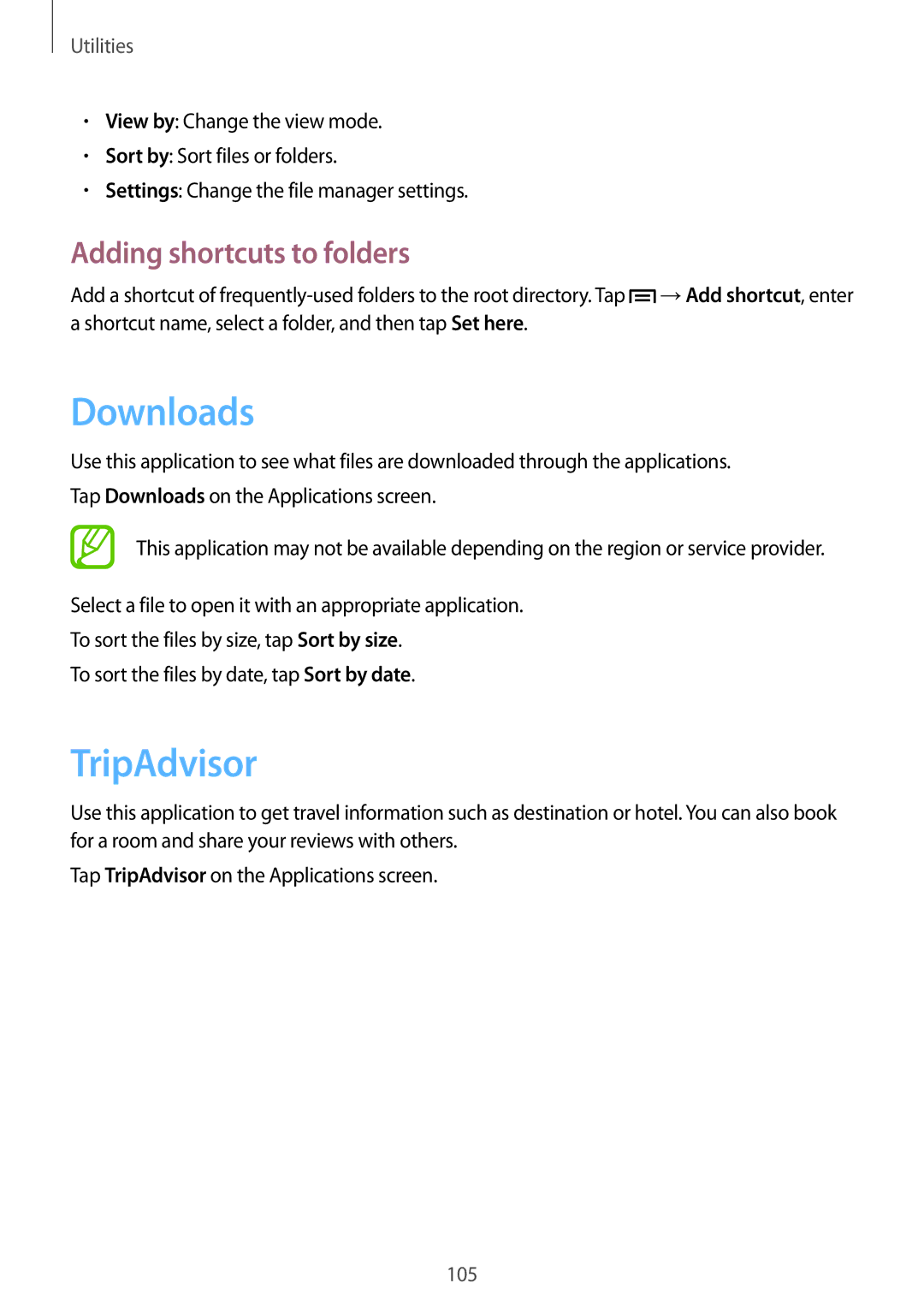 Samsung GT-I9195 user manual Downloads, TripAdvisor, Adding shortcuts to folders 