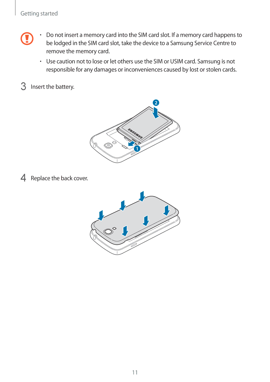 Samsung GT-I9195 user manual Insert the battery Replace the back cover 