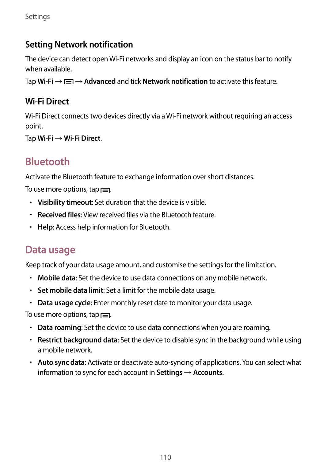 Samsung GT-I9195 user manual Bluetooth, Data usage, Setting Network notification, Tap Wi-Fi →Wi-Fi Direct 