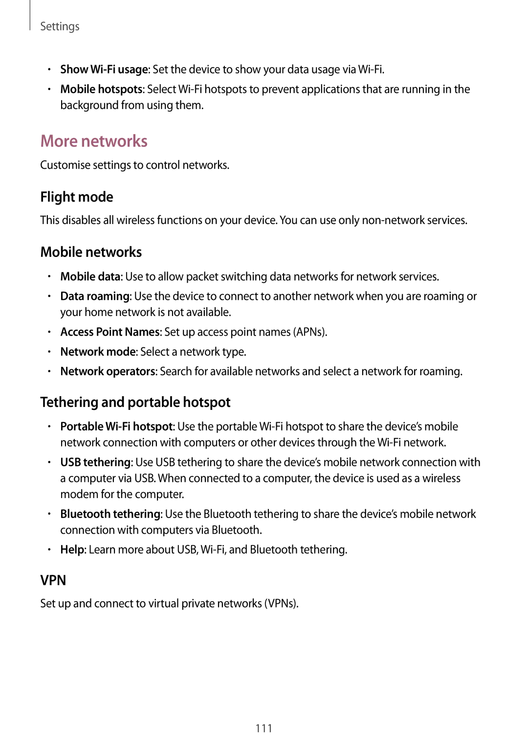 Samsung GT-I9195 user manual More networks, Flight mode, Mobile networks, Tethering and portable hotspot 