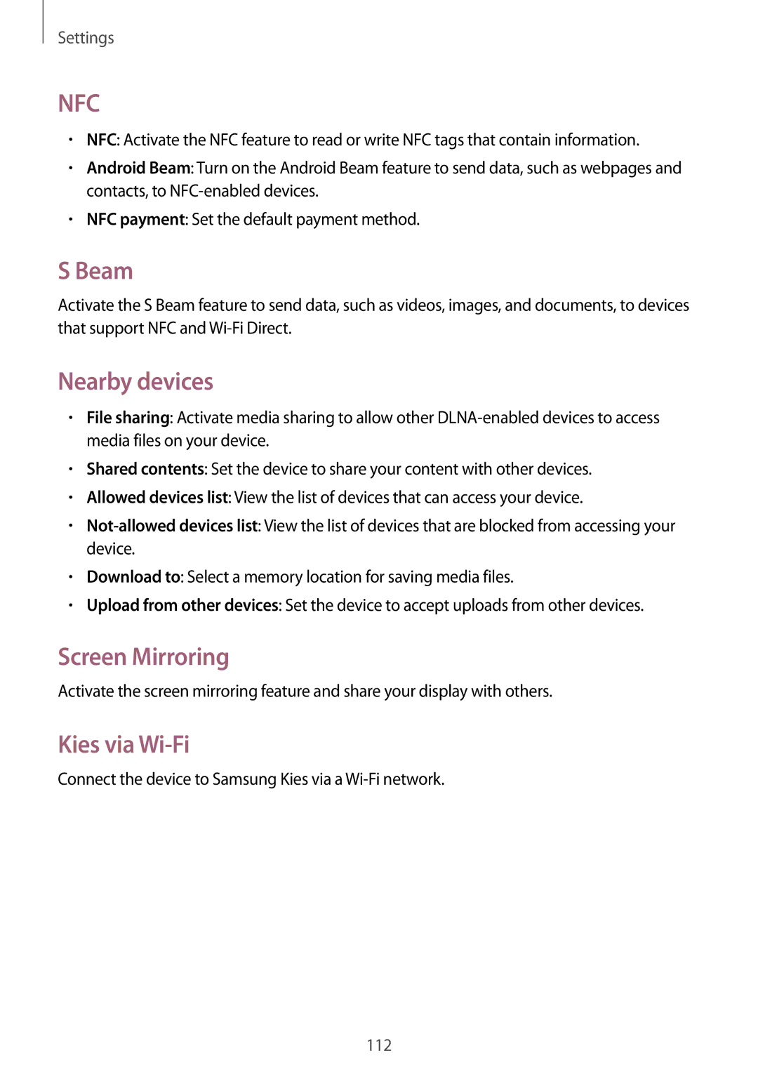 Samsung GT-I9195 user manual Beam, Nearby devices, Screen Mirroring, Kies via Wi-Fi 