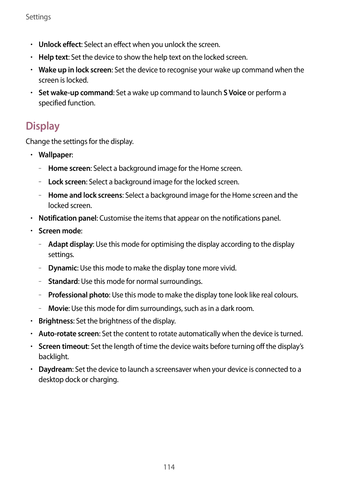 Samsung GT-I9195 user manual Display, Wallpaper, Screen mode 