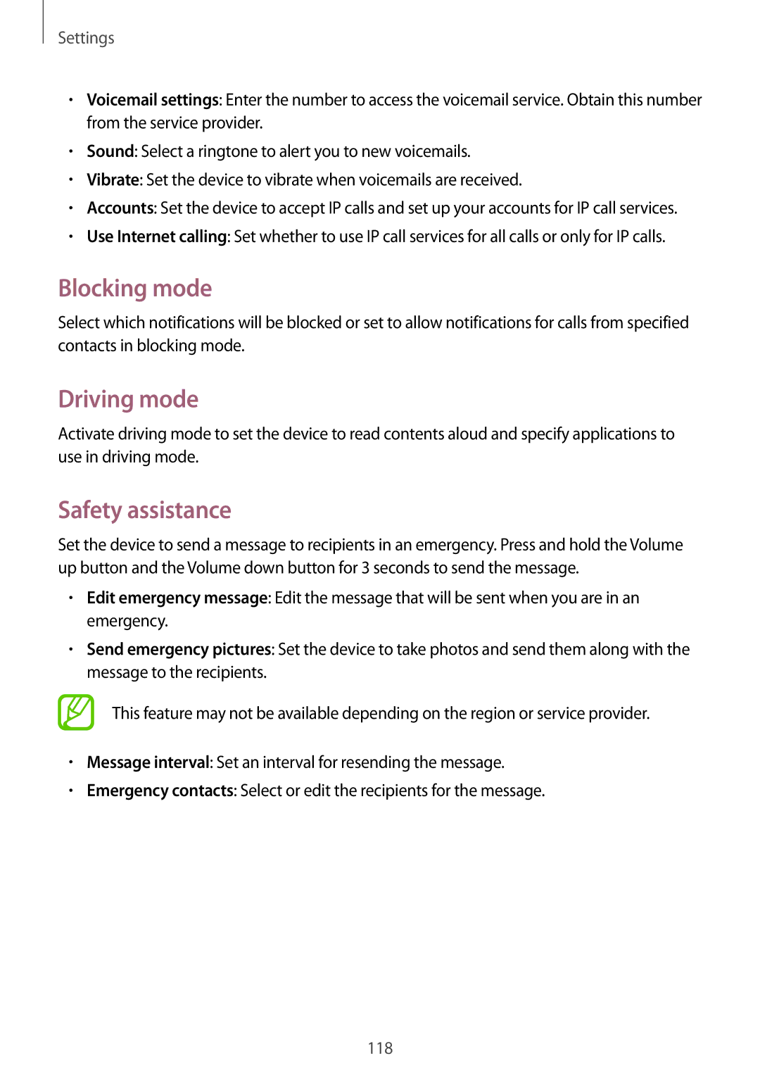 Samsung GT-I9195 user manual Blocking mode, Driving mode, Safety assistance 
