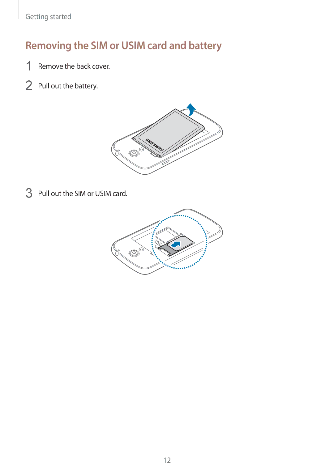 Samsung GT-I9195 user manual Removing the SIM or Usim card and battery 