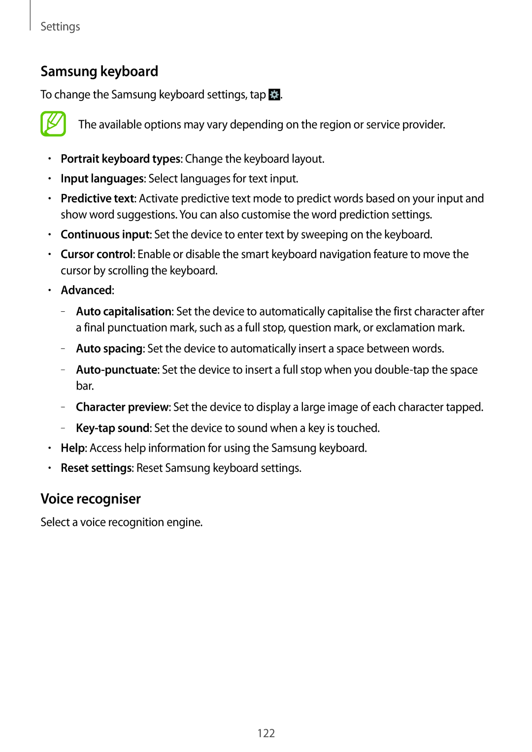 Samsung GT-I9195 user manual Samsung keyboard, Voice recogniser, Advanced 