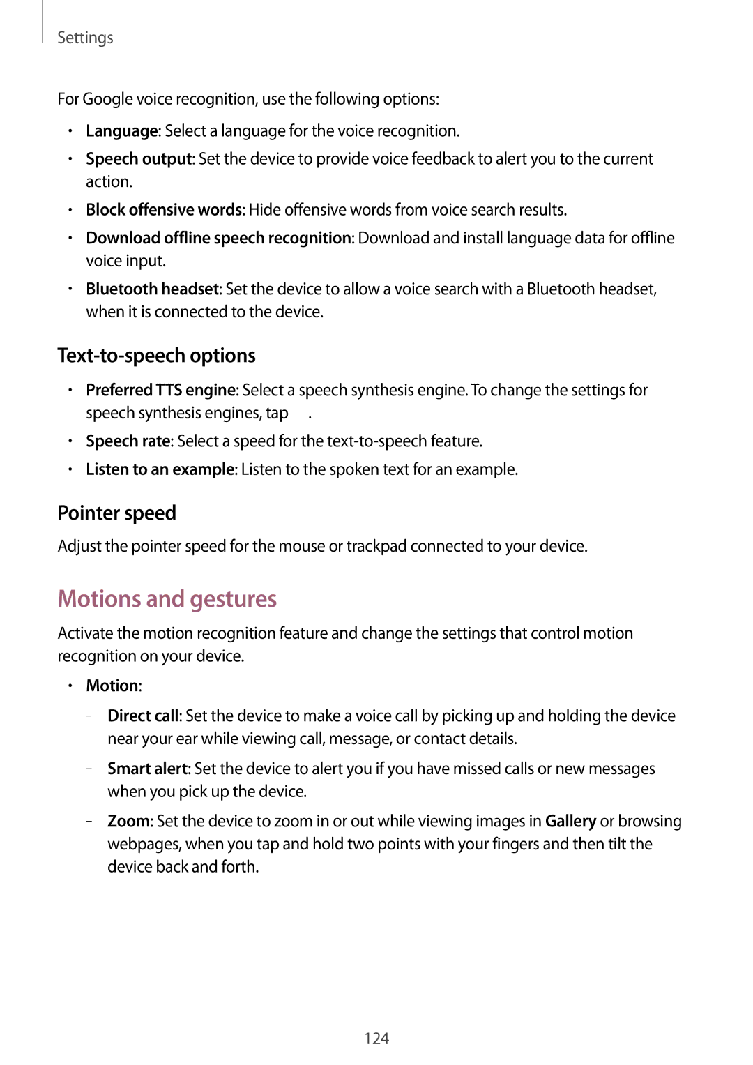 Samsung GT-I9195 user manual Motions and gestures, Text-to-speech options, Pointer speed 