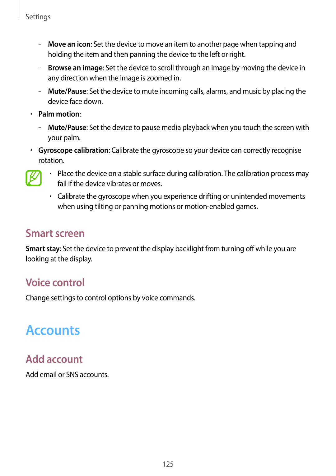 Samsung GT-I9195 user manual Accounts, Smart screen, Voice control, Add account, Palm motion 