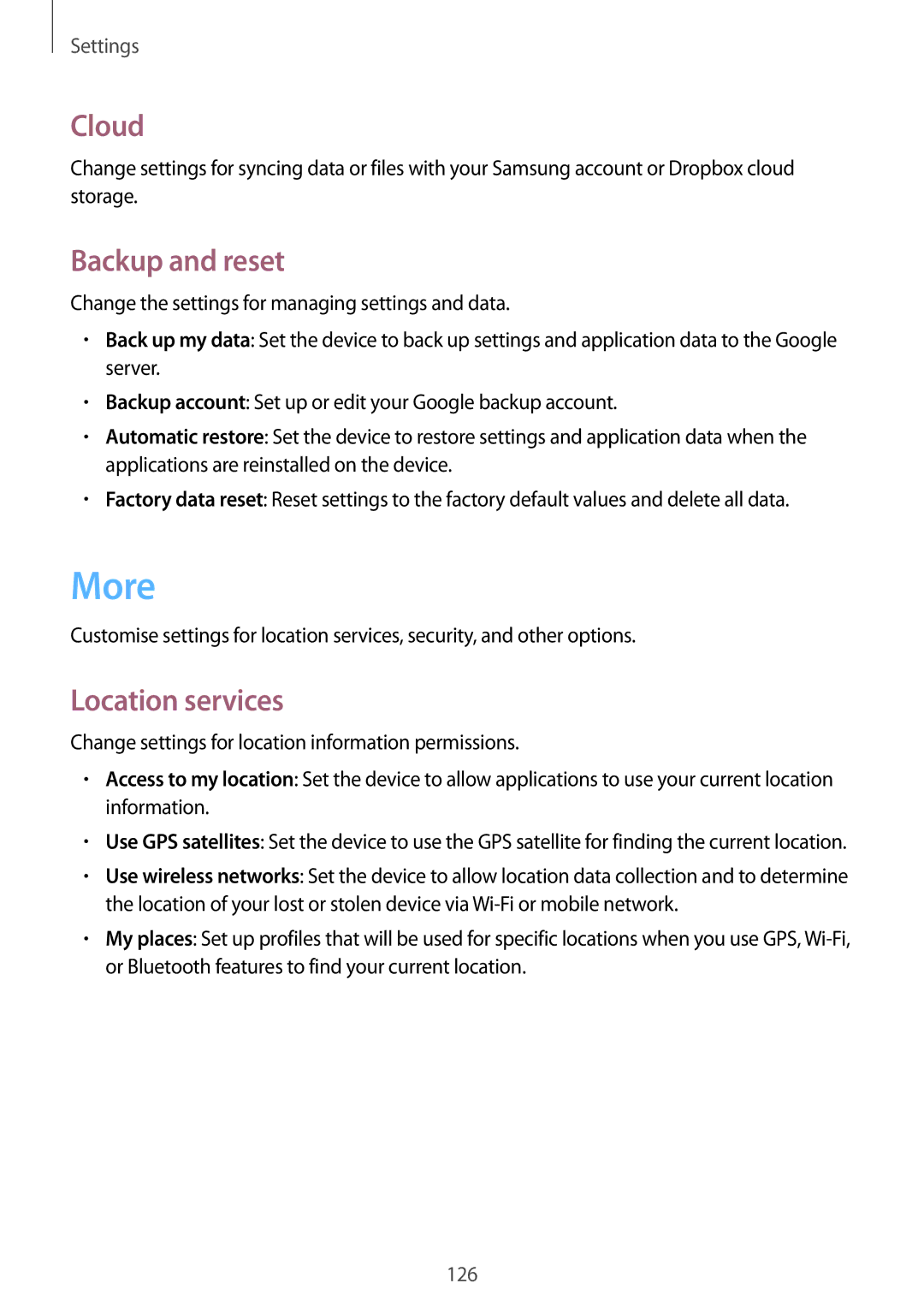 Samsung GT-I9195 user manual More, Cloud, Backup and reset, Location services 