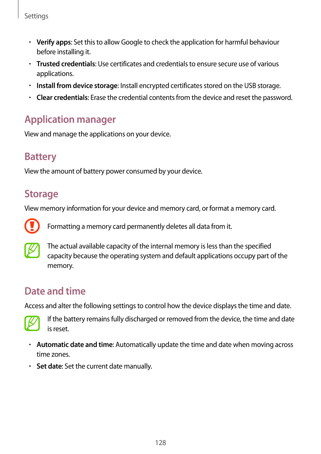 Samsung GT-I9195 user manual Application manager, Battery, Storage, Date and time 