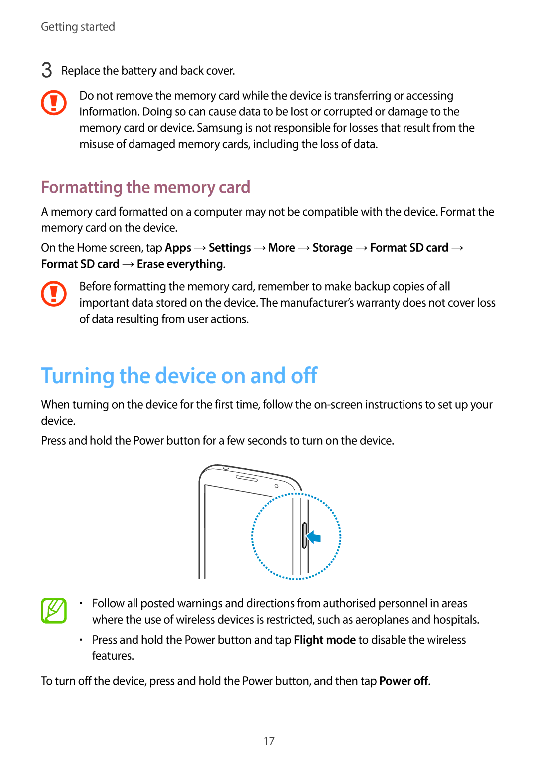 Samsung GT-I9195 user manual Turning the device on and off, Formatting the memory card 