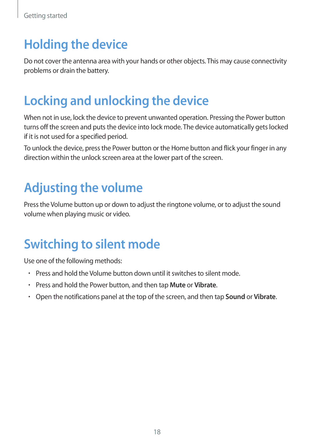 Samsung GT-I9195 Holding the device, Locking and unlocking the device, Adjusting the volume, Switching to silent mode 