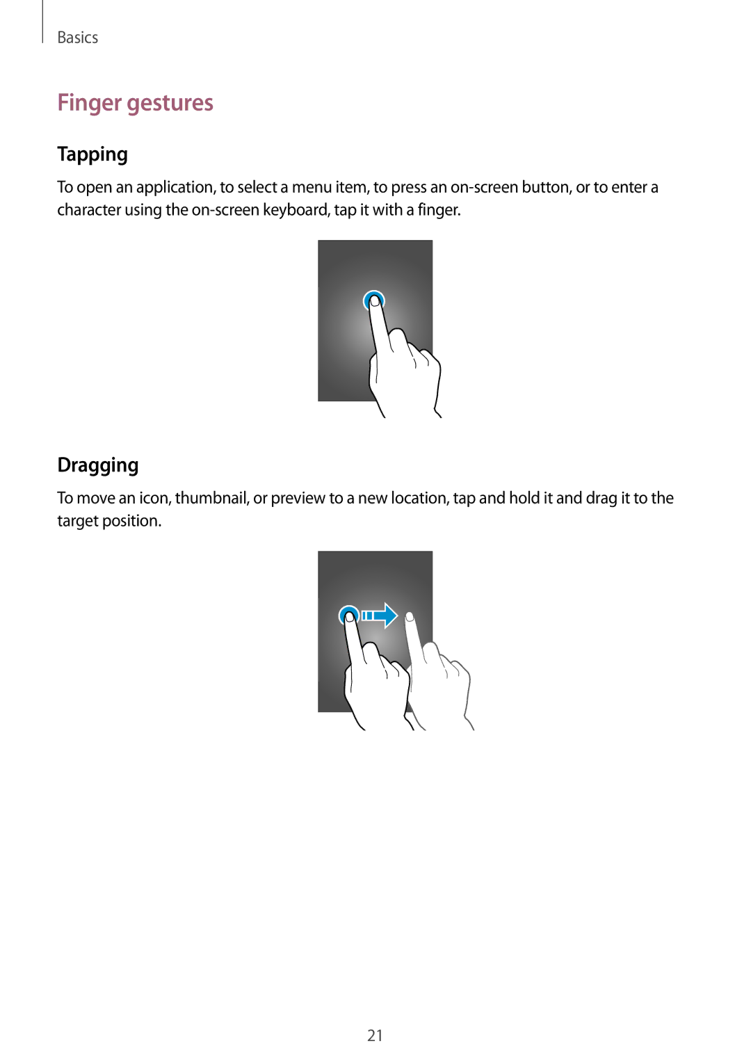 Samsung GT-I9195 user manual Finger gestures, Tapping, Dragging 