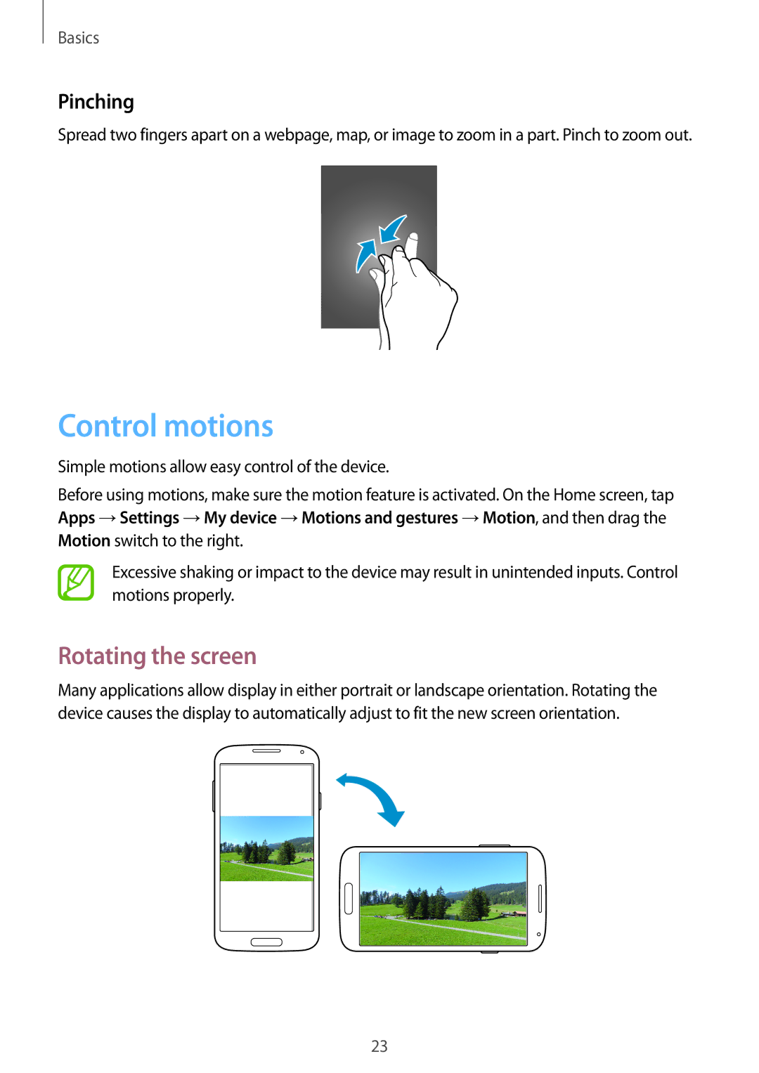 Samsung GT-I9195 user manual Control motions, Rotating the screen, Pinching 