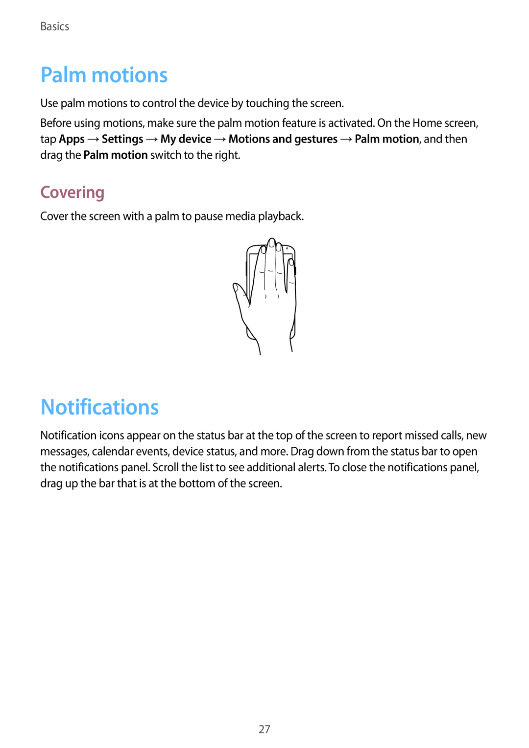 Samsung GT-I9195 user manual Palm motions, Notifications, Covering 