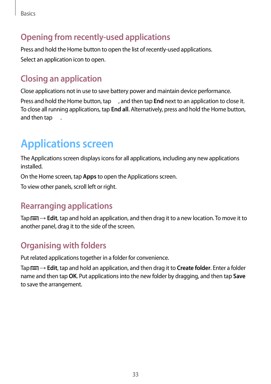 Samsung GT-I9195 user manual Applications screen, Opening from recently-used applications, Closing an application 