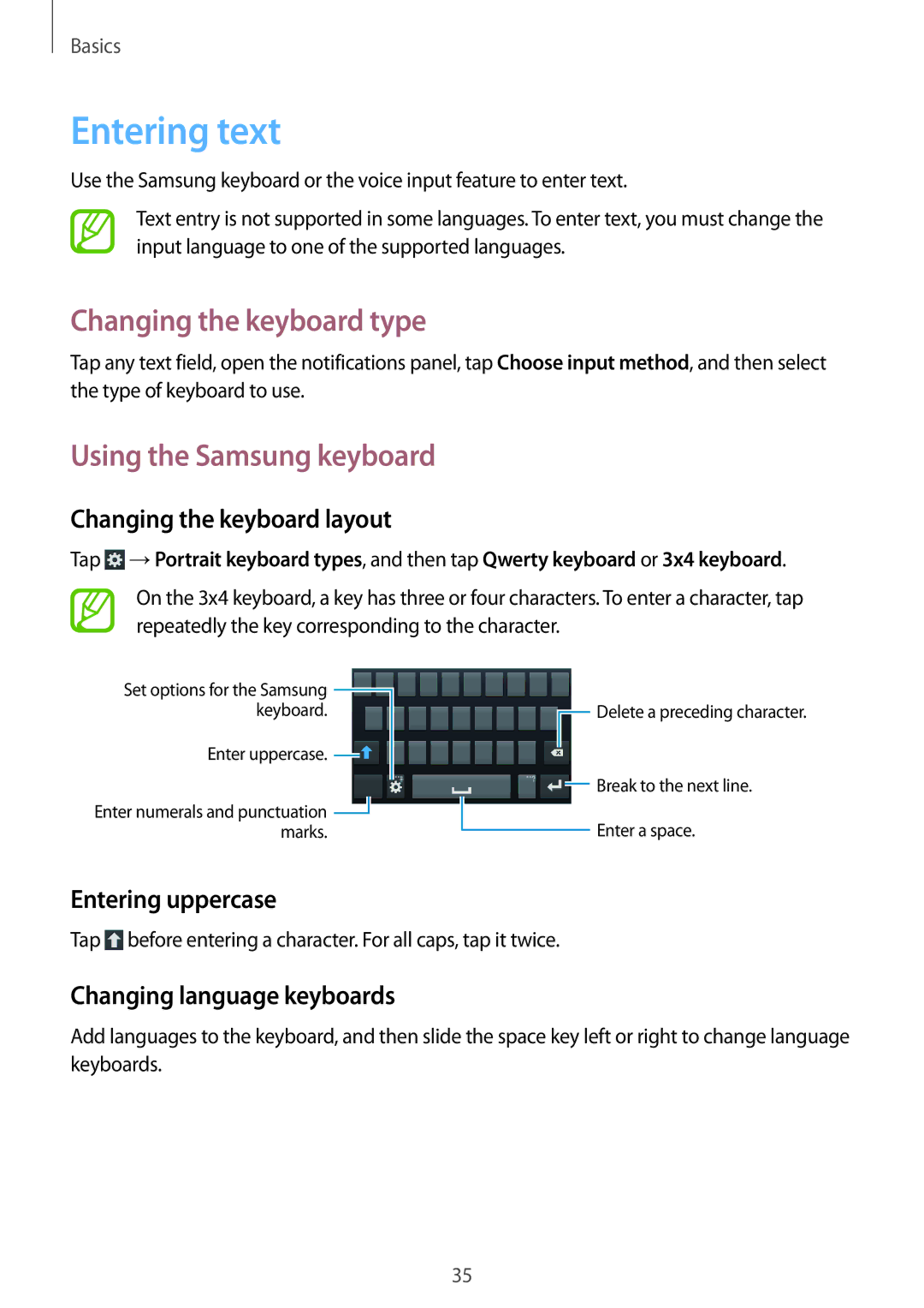 Samsung GT-I9195 user manual Entering text, Changing the keyboard type, Using the Samsung keyboard 