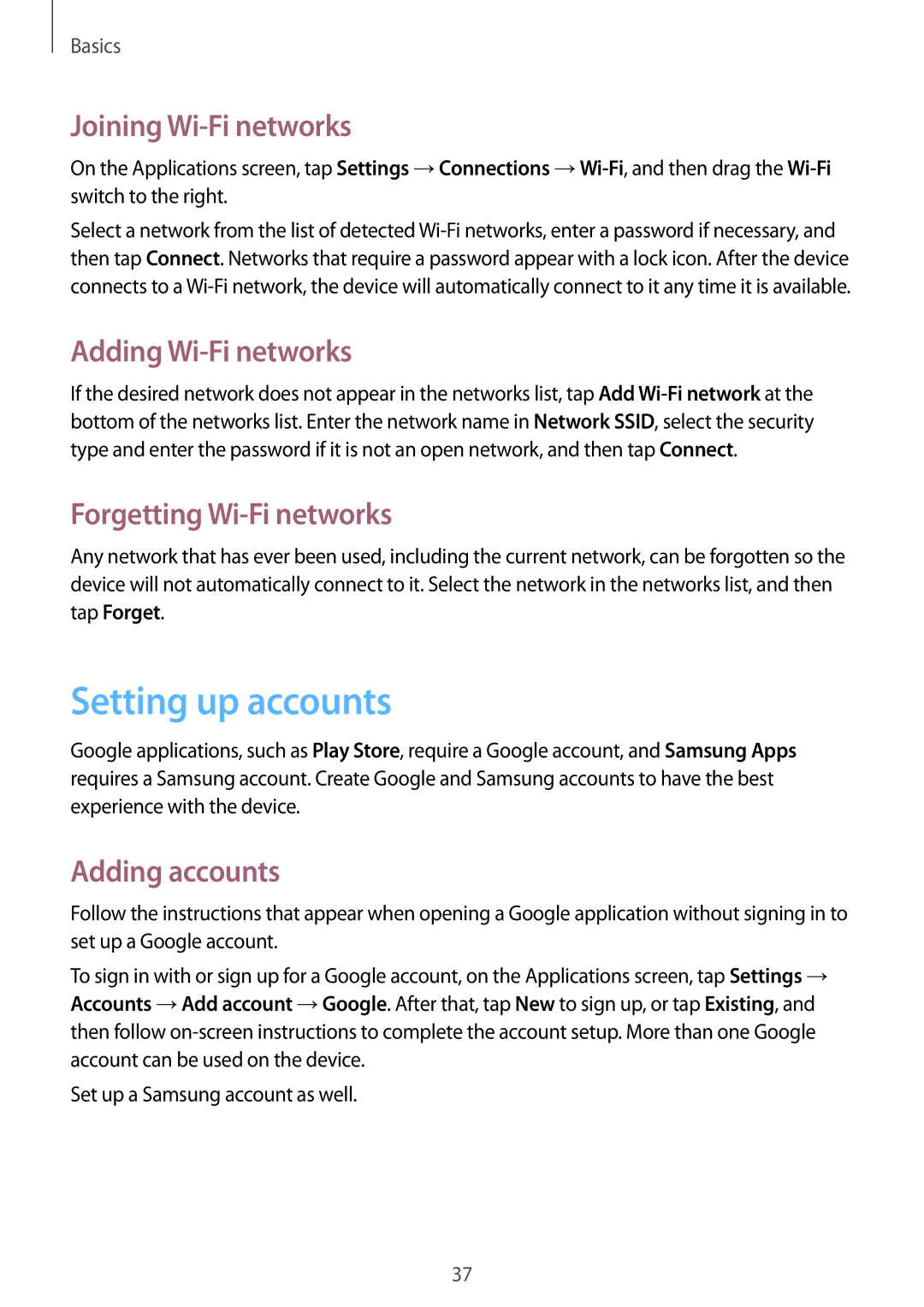 Samsung GT-I9195 user manual Setting up accounts, Joining Wi-Fi networks, Adding Wi-Fi networks, Forgetting Wi-Fi networks 