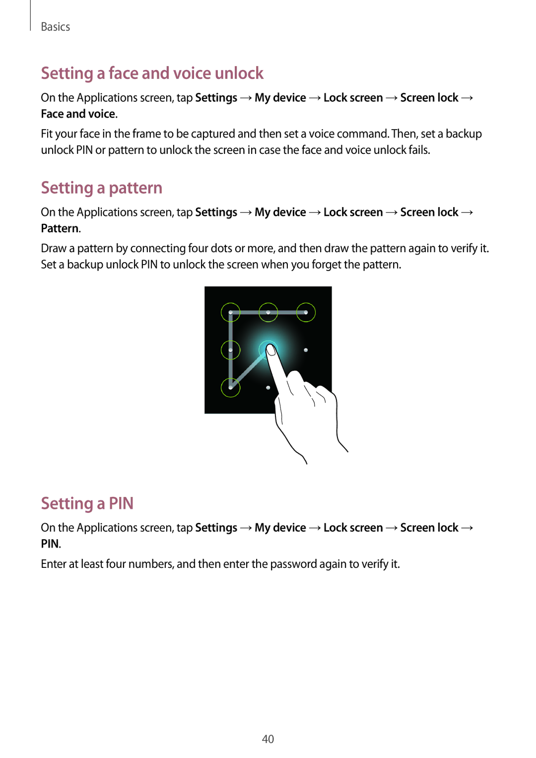 Samsung GT-I9195 user manual Setting a face and voice unlock, Setting a pattern, Setting a PIN 