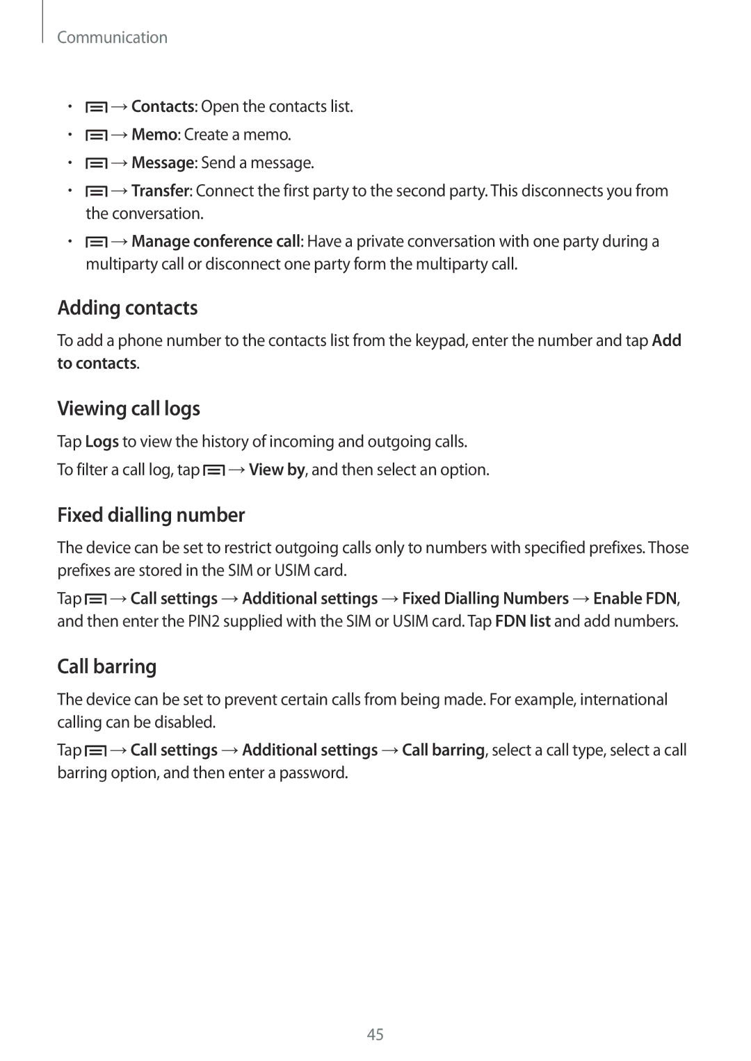 Samsung GT-I9195 user manual Adding contacts, Viewing call logs, Fixed dialling number, Call barring 