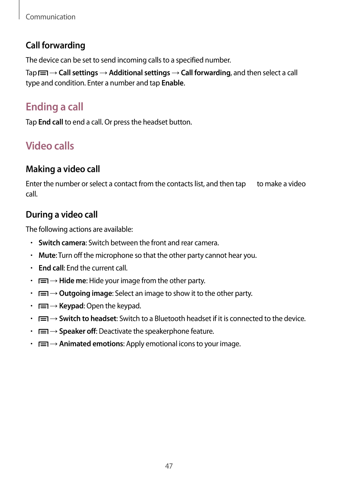 Samsung GT-I9195 user manual Ending a call, Video calls, Call forwarding, Making a video call, During a video call 