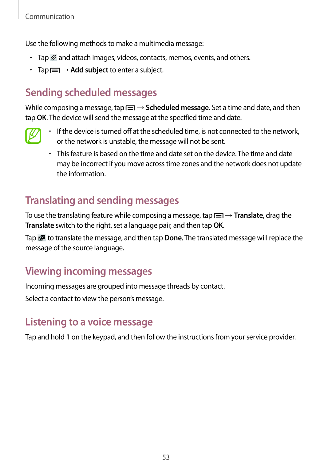 Samsung GT-I9195 user manual Sending scheduled messages, Translating and sending messages, Viewing incoming messages 