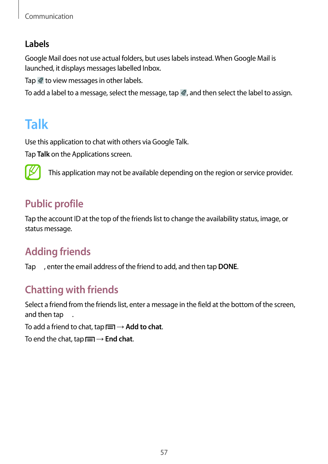 Samsung GT-I9195 user manual Talk, Public profile, Adding friends, Chatting with friends, Labels 