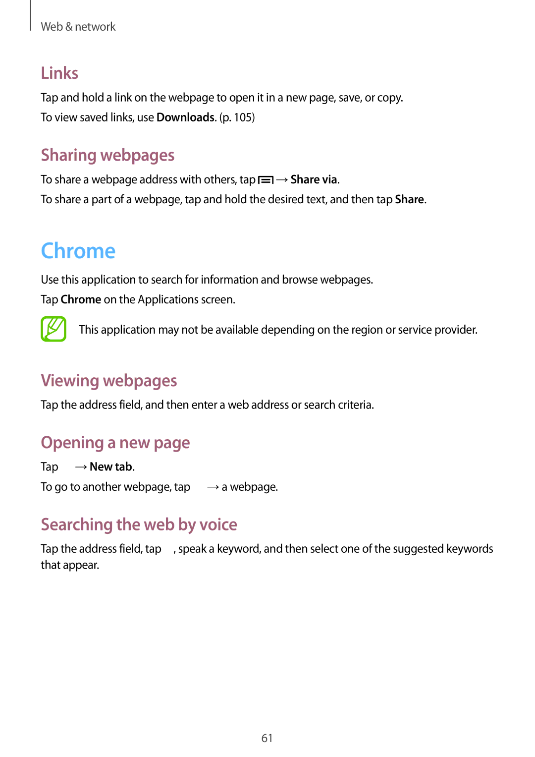 Samsung GT-I9195 user manual Chrome, Links, Sharing webpages, Searching the web by voice, Tap →New tab 