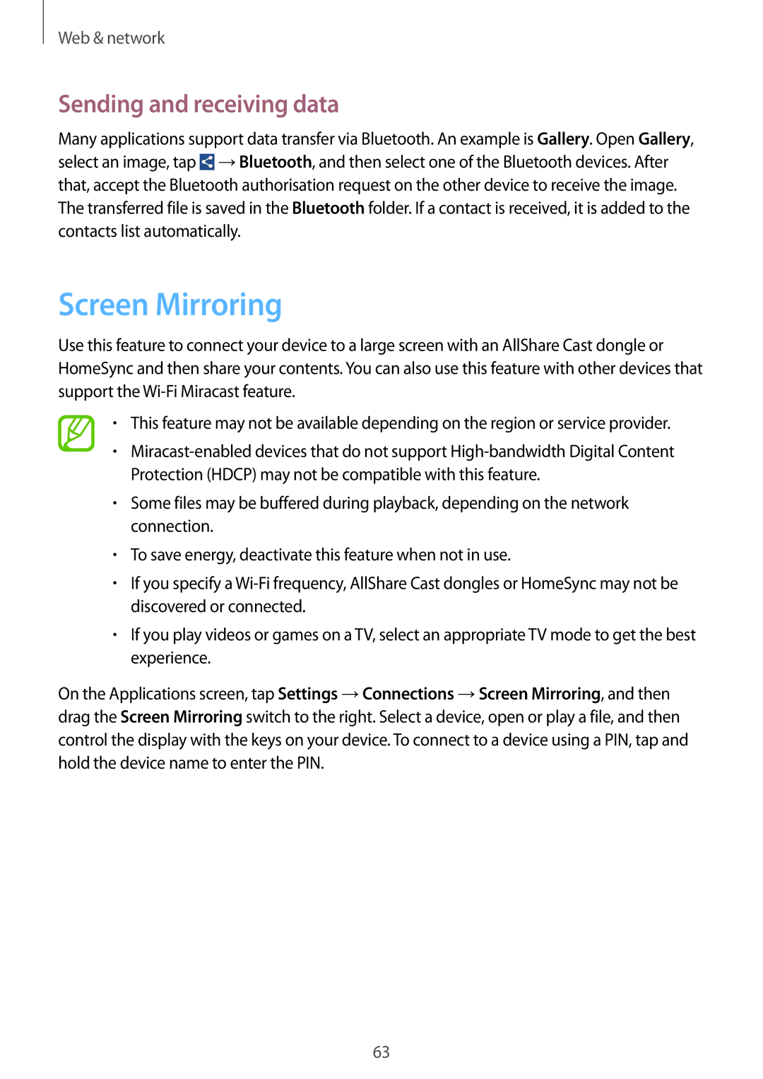 Samsung GT-I9195 user manual Screen Mirroring, Sending and receiving data 