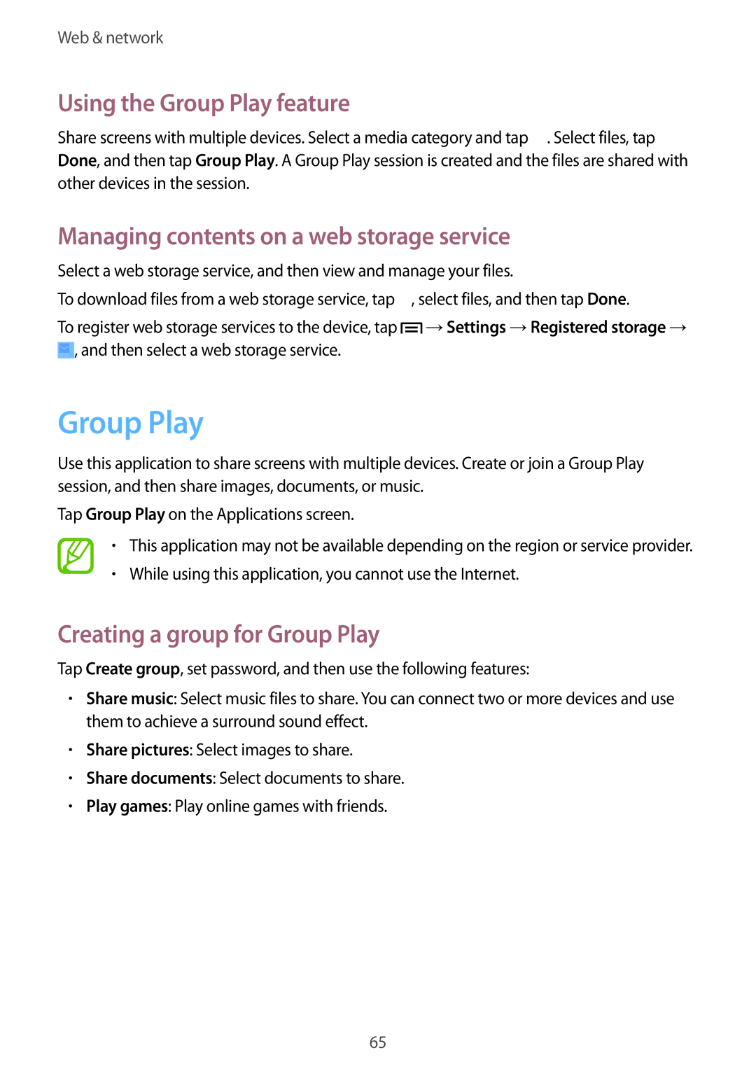 Samsung GT-I9195 user manual Using the Group Play feature, Managing contents on a web storage service 