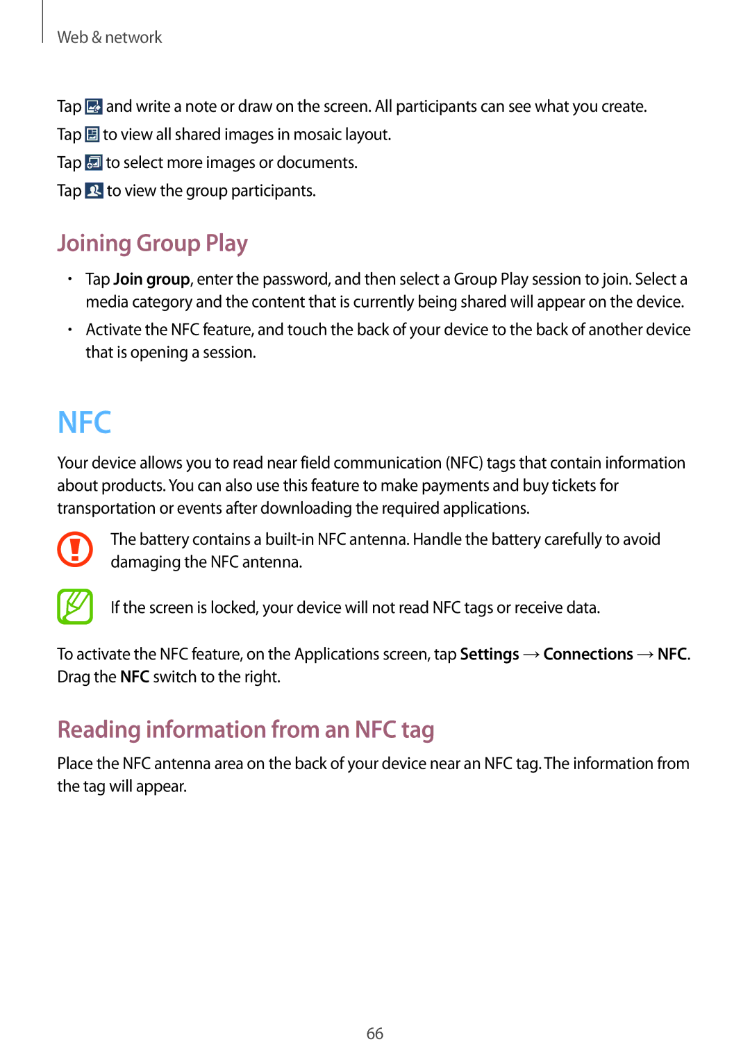 Samsung GT-I9195 user manual Joining Group Play, Reading information from an NFC tag 