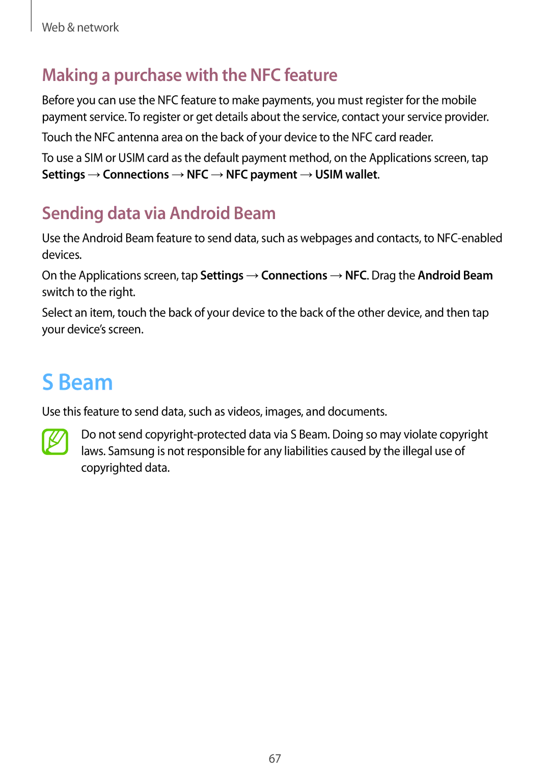 Samsung GT-I9195 user manual Making a purchase with the NFC feature, Sending data via Android Beam 