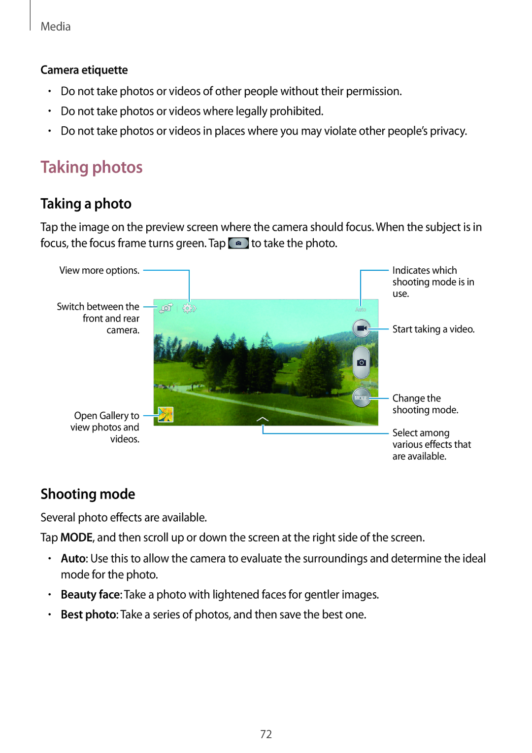 Samsung GT-I9195 user manual Taking photos, Taking a photo, Shooting mode, Camera etiquette 