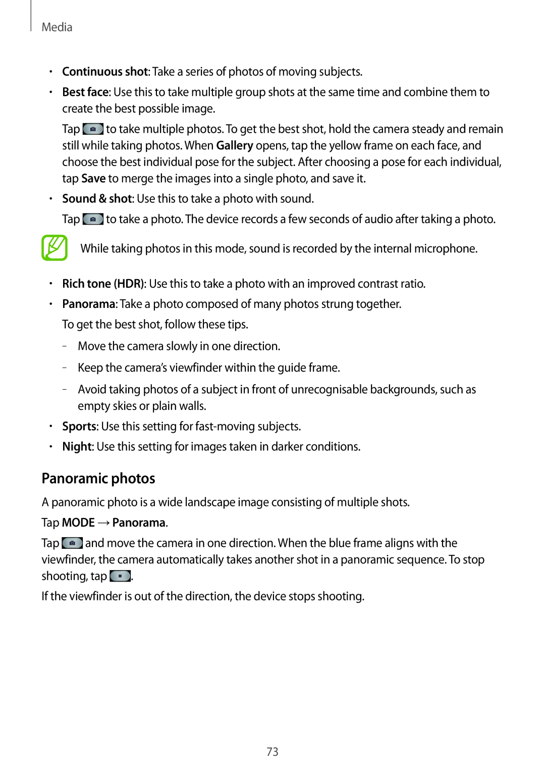 Samsung GT-I9195 user manual Panoramic photos, Tap Mode →Panorama 