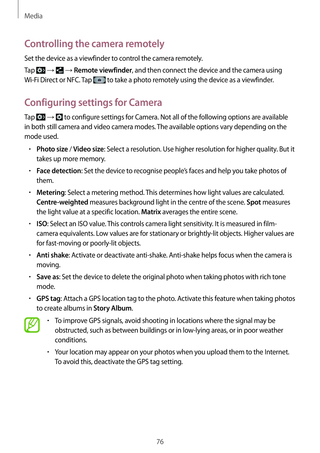 Samsung GT-I9195 user manual Controlling the camera remotely, Configuring settings for Camera 