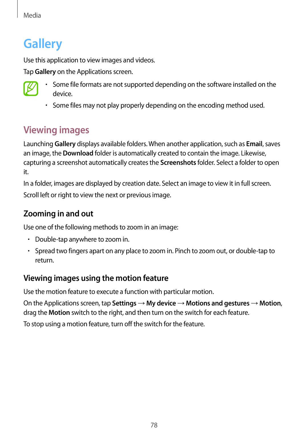 Samsung GT-I9195 user manual Gallery, Zooming in and out, Viewing images using the motion feature 